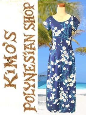 Vtg Kimo’s Polynesian Shop floral print fitted maxi dress w/waterfall back-10